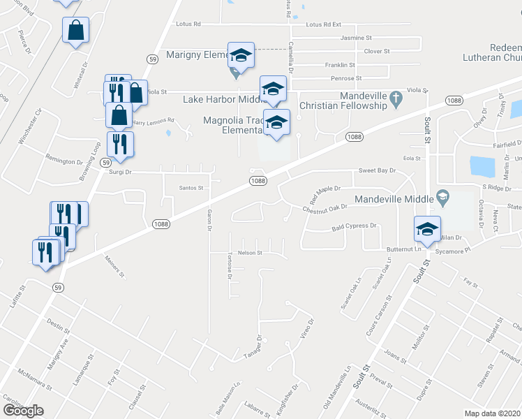 map of restaurants, bars, coffee shops, grocery stores, and more near Tallow Tree Drive in Mandeville