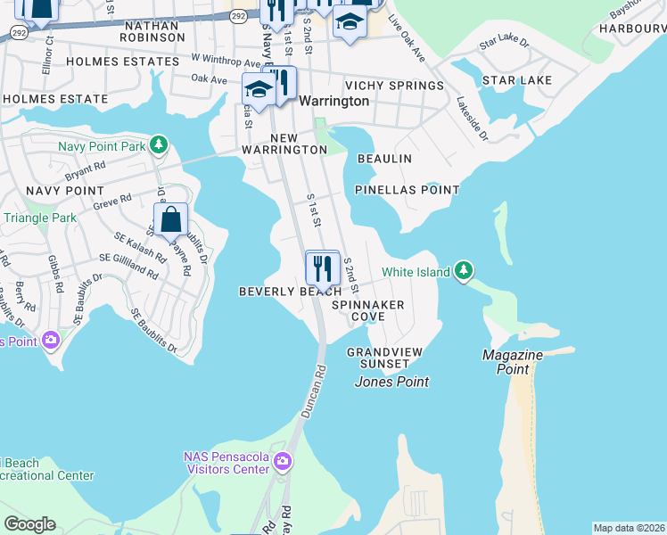 map of restaurants, bars, coffee shops, grocery stores, and more near 545 South 2nd Street in Pensacola