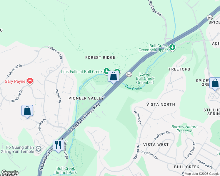 map of restaurants, bars, coffee shops, grocery stores, and more near 7801 North Capital of Texas Highway in Austin