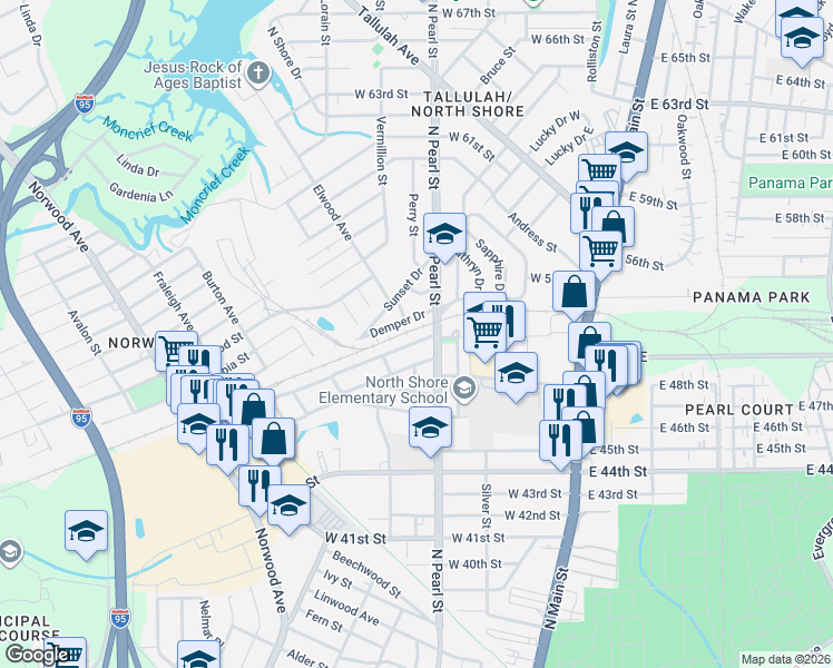 map of restaurants, bars, coffee shops, grocery stores, and more near 5902 North Pearl Street in Jacksonville