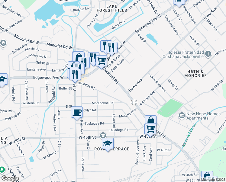map of restaurants, bars, coffee shops, grocery stores, and more near 1969 Benedict Road in Jacksonville