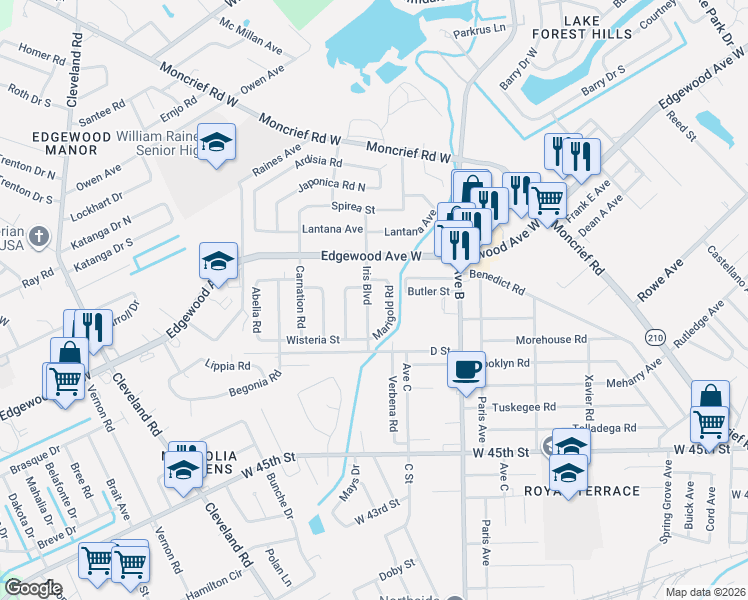 map of restaurants, bars, coffee shops, grocery stores, and more near 5760 Iris Boulevard in Jacksonville