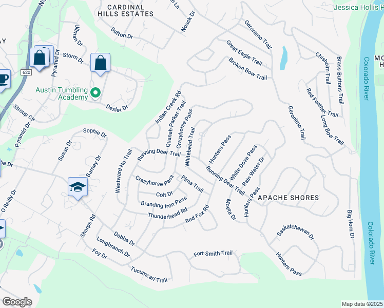 map of restaurants, bars, coffee shops, grocery stores, and more near 1407 Running Deer Trail in Austin