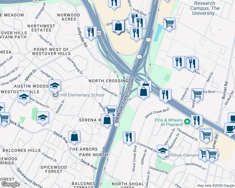 map of restaurants, bars, coffee shops, grocery stores, and more near 8871 Tallwood Drive in Austin