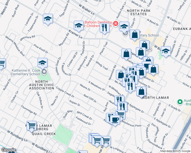 map of restaurants, bars, coffee shops, grocery stores, and more near 1102 South Meadows Drive in Austin