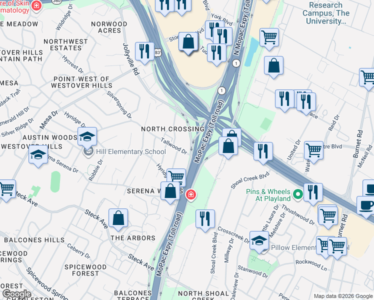 map of restaurants, bars, coffee shops, grocery stores, and more near 8871 Tallwood Drive in Austin