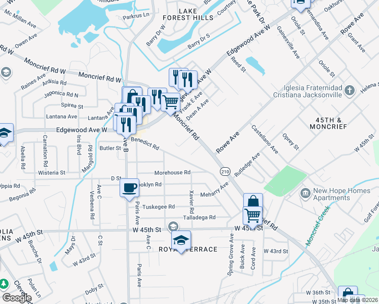 map of restaurants, bars, coffee shops, grocery stores, and more near 1969 Benedict Road in Jacksonville