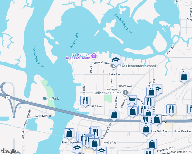 map of restaurants, bars, coffee shops, grocery stores, and more near 4312 Magnolia Street in Pascagoula