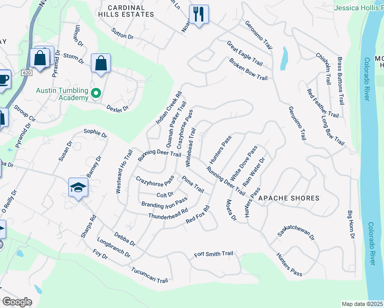 map of restaurants, bars, coffee shops, grocery stores, and more near 1407 Running Deer Trail in Austin