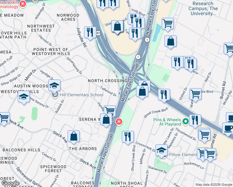 map of restaurants, bars, coffee shops, grocery stores, and more near 8871 Tallwood Drive in Austin