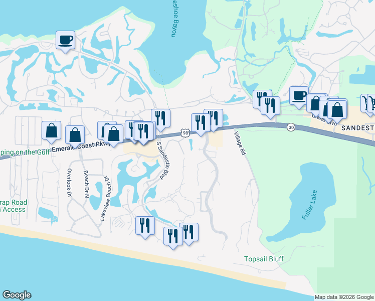 map of restaurants, bars, coffee shops, grocery stores, and more near 5369 Pine Ridge Lane in Miramar Beach