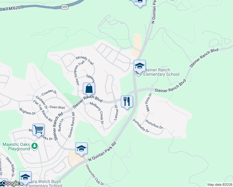 map of restaurants, bars, coffee shops, grocery stores, and more near 12406 Old Salt Trail in Austin