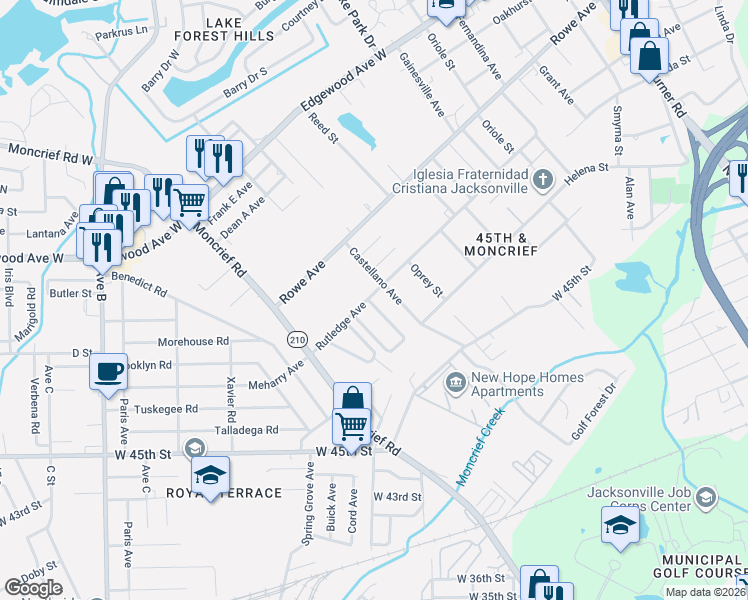map of restaurants, bars, coffee shops, grocery stores, and more near 5807 Castellano Avenue in Jacksonville