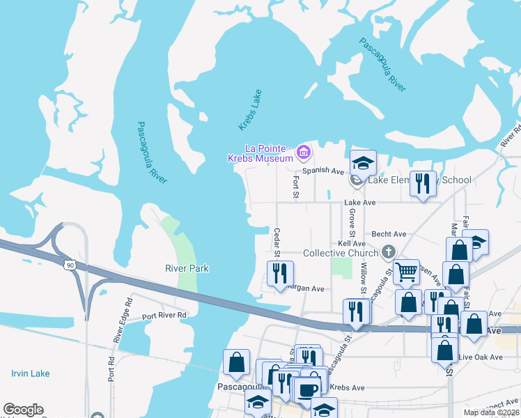 map of restaurants, bars, coffee shops, grocery stores, and more near 403 Lake Avenue in Pascagoula