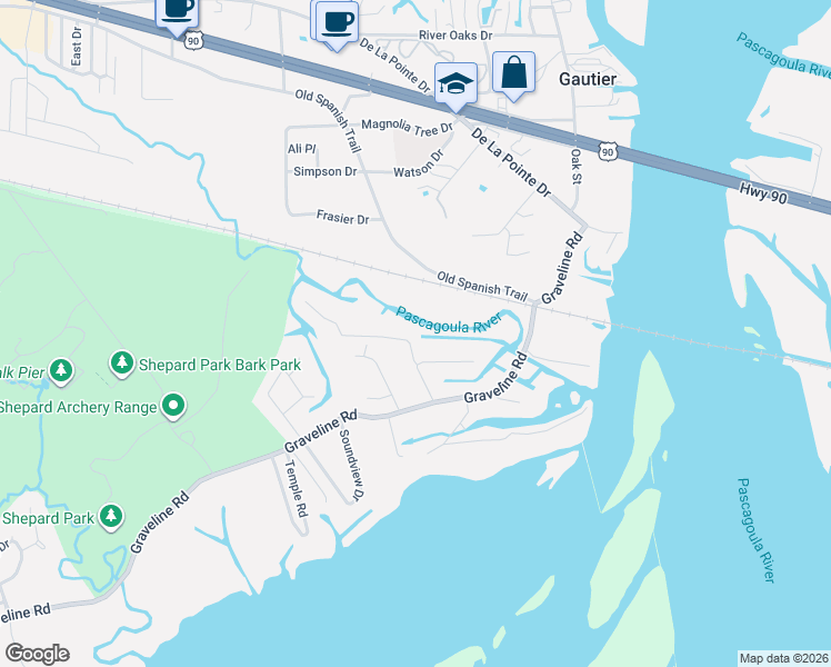map of restaurants, bars, coffee shops, grocery stores, and more near 2421 Orrell Drive in Gautier