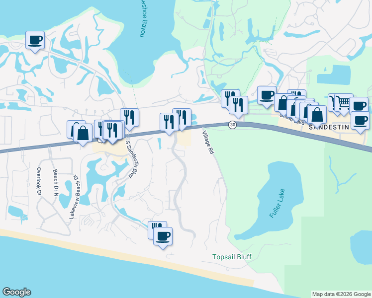 map of restaurants, bars, coffee shops, grocery stores, and more near 8955 Us Highway 98 W in Miramar Beach