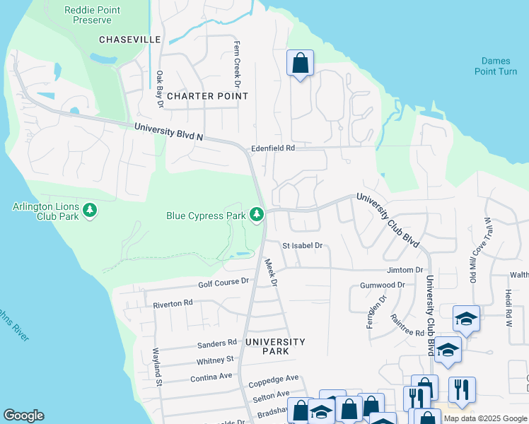 map of restaurants, bars, coffee shops, grocery stores, and more near 4203 Polo Court in Jacksonville