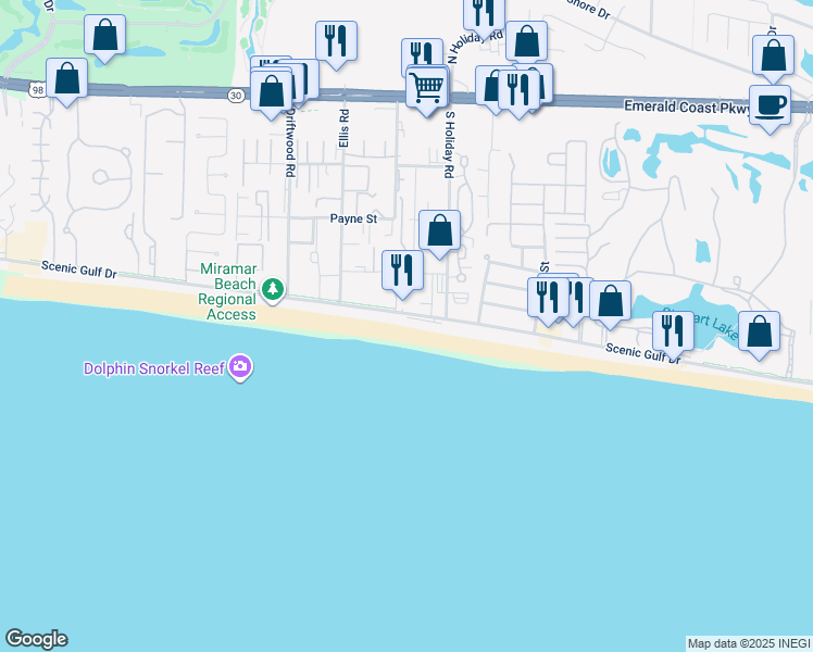 map of restaurants, bars, coffee shops, grocery stores, and more near 2020 Scenic Gulf Drive in Miramar Beach