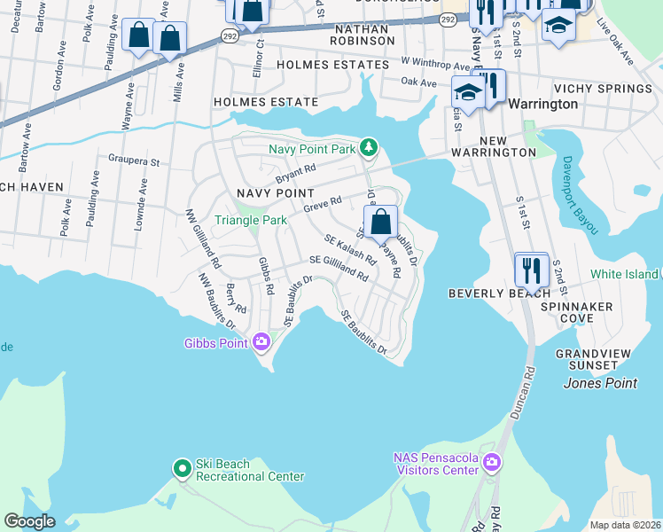 map of restaurants, bars, coffee shops, grocery stores, and more near 123 Southeast Kalash Road in Pensacola