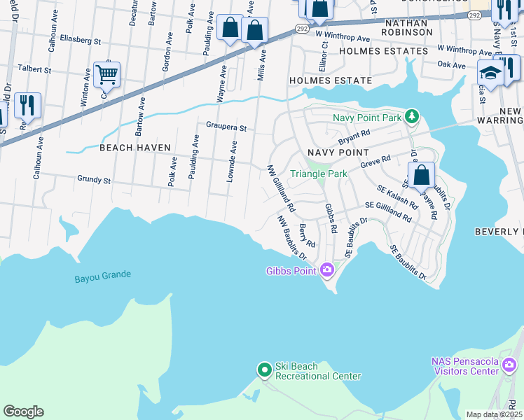 map of restaurants, bars, coffee shops, grocery stores, and more near 104 Jardine Road in Pensacola