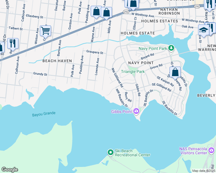 map of restaurants, bars, coffee shops, grocery stores, and more near 104 Jardine Road in Pensacola
