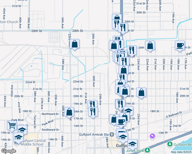 map of restaurants, bars, coffee shops, grocery stores, and more near 2900-2998 23rd Street in Gulfport
