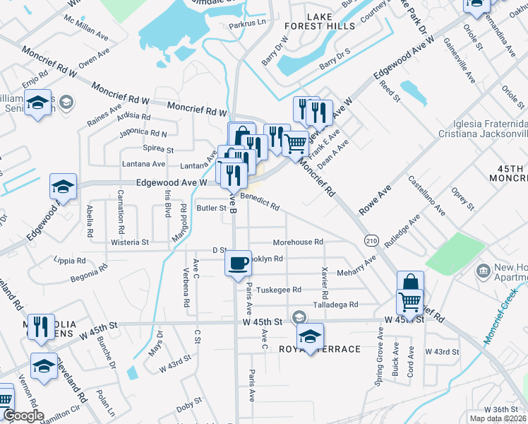 map of restaurants, bars, coffee shops, grocery stores, and more near 2187 Benedict Road in Jacksonville