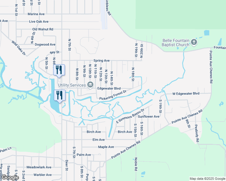 map of restaurants, bars, coffee shops, grocery stores, and more near 8512-8598 Edgewater Blvd in Ocean Springs
