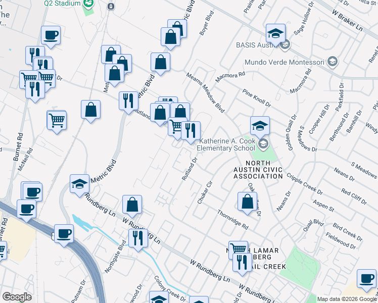 map of restaurants, bars, coffee shops, grocery stores, and more near 1819 Rutland Drive in Austin