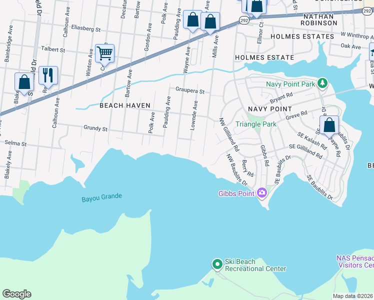 map of restaurants, bars, coffee shops, grocery stores, and more near 401 Lownde Avenue in Pensacola
