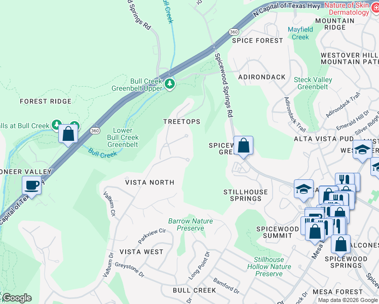 map of restaurants, bars, coffee shops, grocery stores, and more near 5008 Valburn Court in Austin