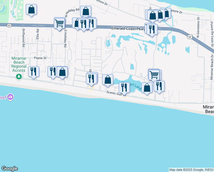 map of restaurants, bars, coffee shops, grocery stores, and more near 100 Seascape Drive in Destin