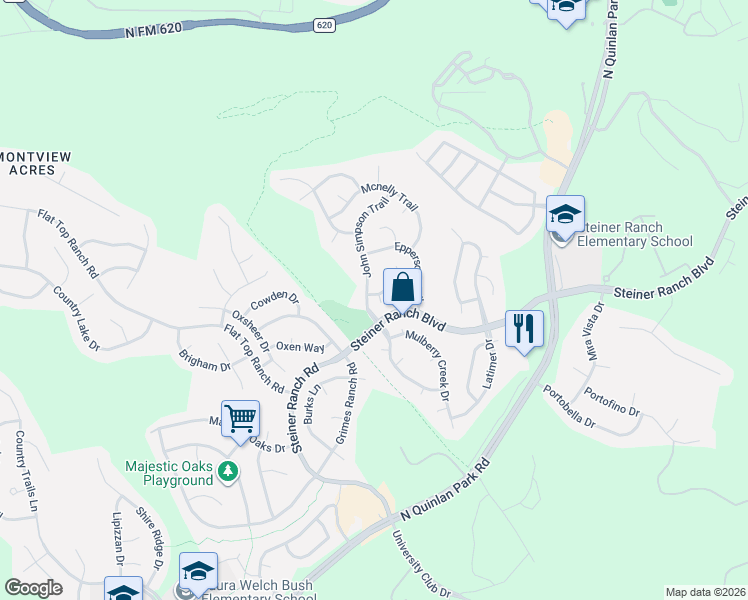 map of restaurants, bars, coffee shops, grocery stores, and more near 3604 Sandoval Court in Austin
