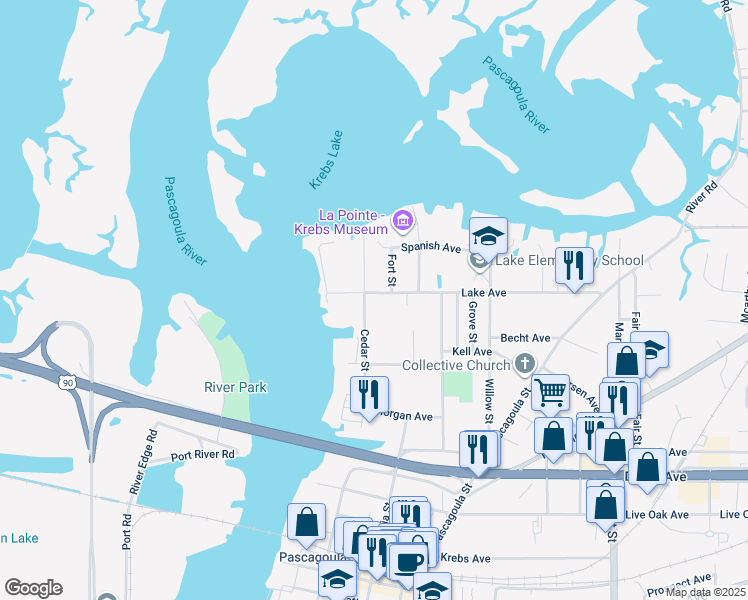 map of restaurants, bars, coffee shops, grocery stores, and more near 4418 Cedar Street in Pascagoula