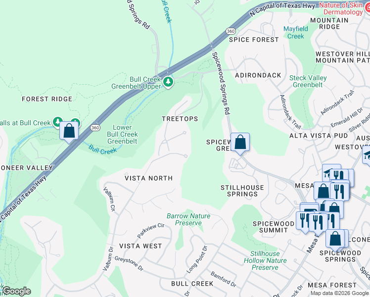 map of restaurants, bars, coffee shops, grocery stores, and more near 5008 Valburn Court in Austin