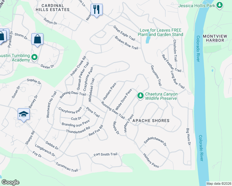 map of restaurants, bars, coffee shops, grocery stores, and more near 14519 Hunters Pass in Austin
