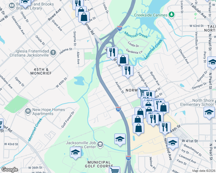 map of restaurants, bars, coffee shops, grocery stores, and more near 1039 Alderside Street in Jacksonville