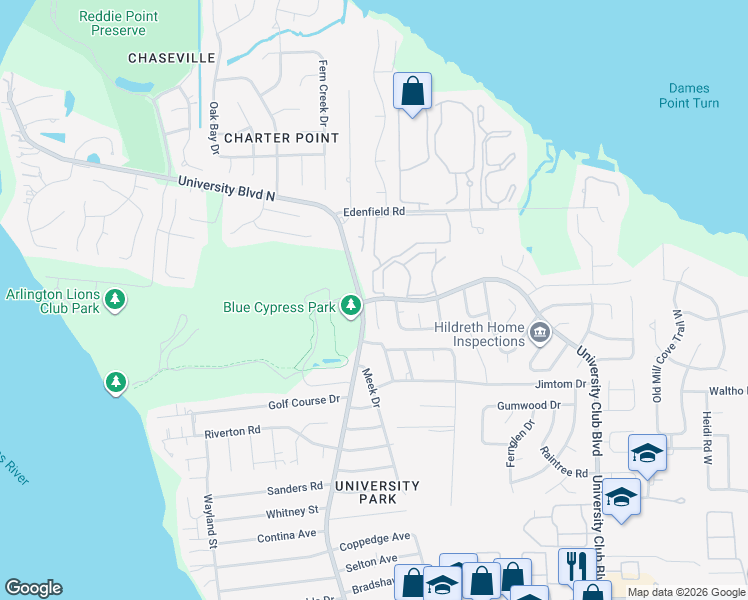 map of restaurants, bars, coffee shops, grocery stores, and more near 5791 5791-5 University Club Ap in Jacksonville