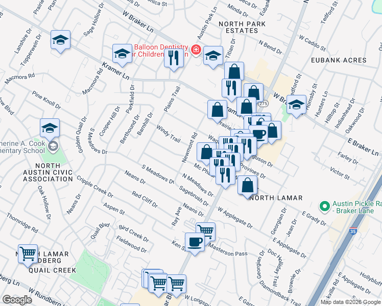 map of restaurants, bars, coffee shops, grocery stores, and more near 10702 Newmont Road in Austin