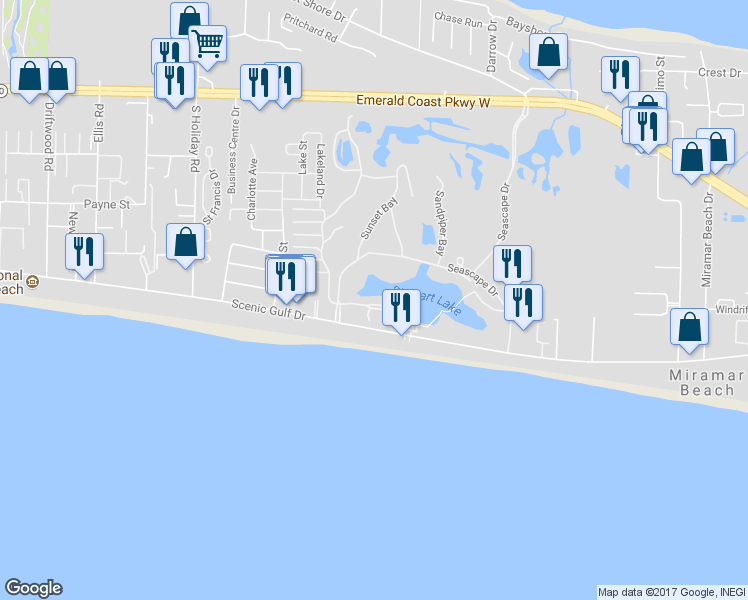 map of restaurants, bars, coffee shops, grocery stores, and more near 85 North Driftwood Bay in Miramar Beach