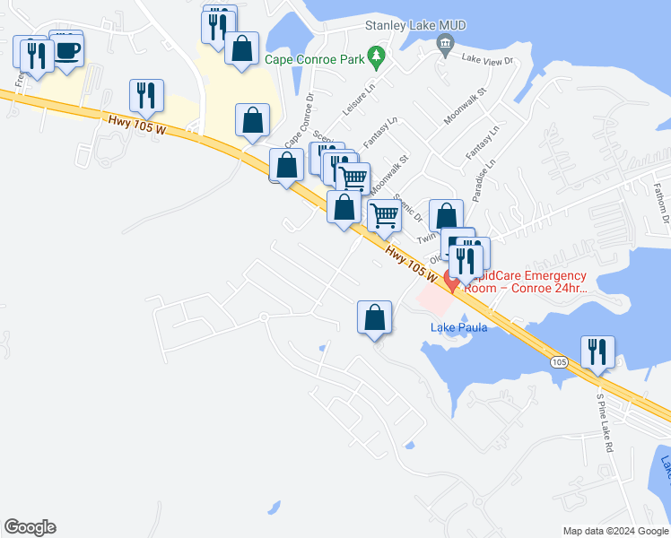 map of restaurants, bars, coffee shops, grocery stores, and more near 18428 Sunrise Oaks Court in Montgomery