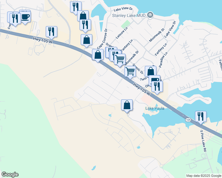 map of restaurants, bars, coffee shops, grocery stores, and more near 18439 Sunrise Oaks Court in Montgomery
