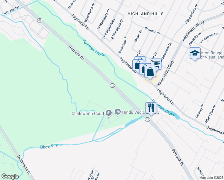 map of restaurants, bars, coffee shops, grocery stores, and more near 7170 Burbank Drive in Baton Rouge