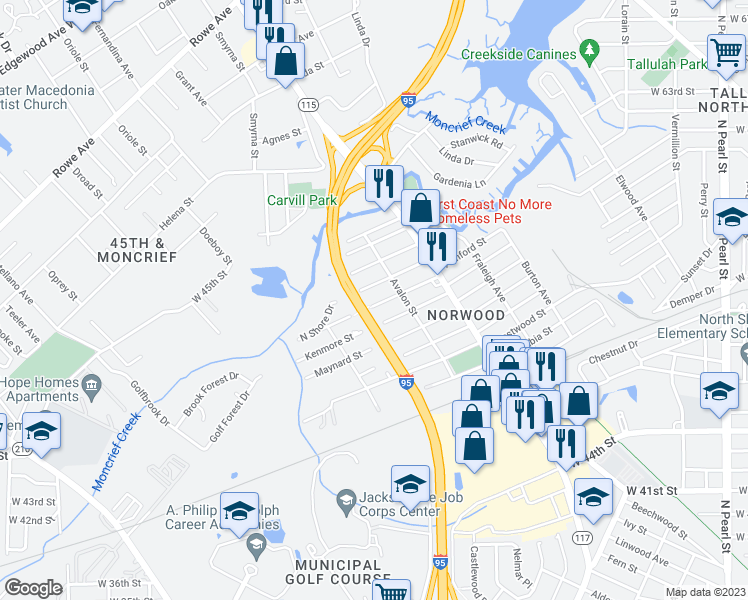 map of restaurants, bars, coffee shops, grocery stores, and more near 1057 Glencarin Street in Jacksonville