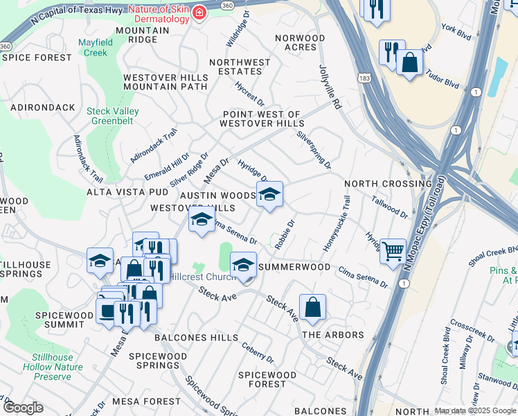 map of restaurants, bars, coffee shops, grocery stores, and more near 8610 Tallwood Drive in Austin