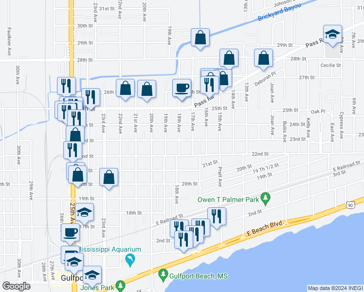 map of restaurants, bars, coffee shops, grocery stores, and more near 2216 18th Avenue in Gulfport