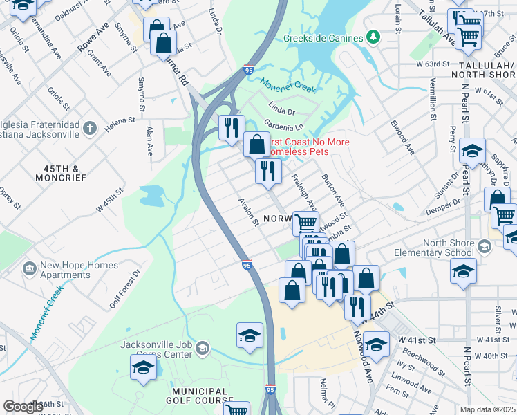 map of restaurants, bars, coffee shops, grocery stores, and more near 6514 Norwood Avenue in Jacksonville