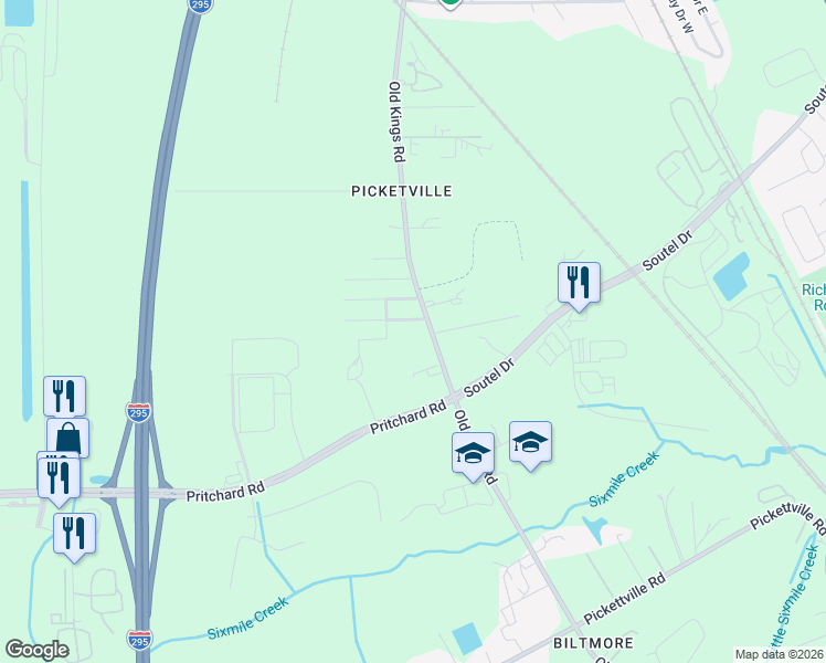 map of restaurants, bars, coffee shops, grocery stores, and more near 6727 Old Kings Road in Jacksonville