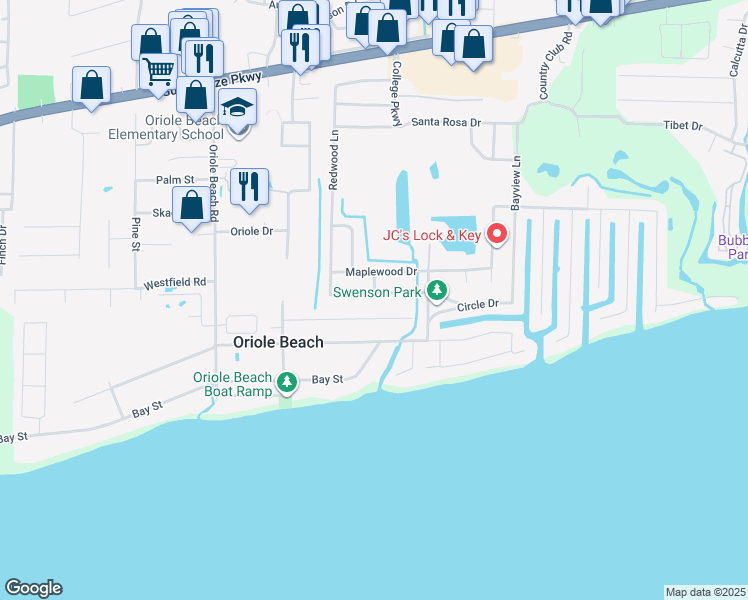 map of restaurants, bars, coffee shops, grocery stores, and more near 3238 Gulf Breeze Parkway in Gulf Breeze