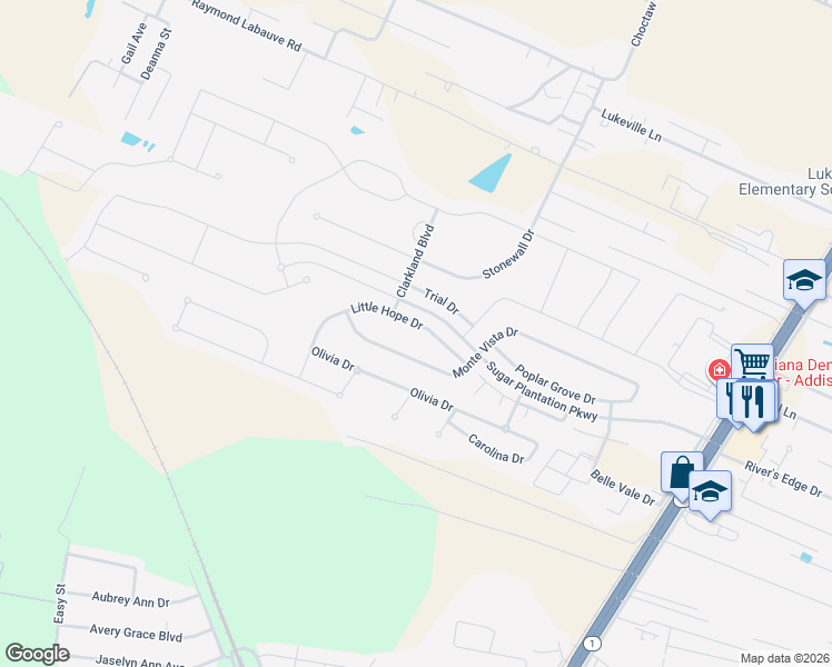 map of restaurants, bars, coffee shops, grocery stores, and more near 4352 Little Hope Drive in Addis